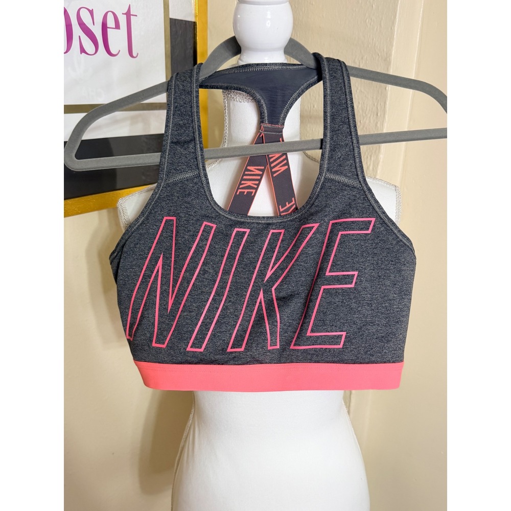 Nike Dri-FIT Sports Bra Gray Pink Graphic Logo Racerback Strappy Large L - Picture 1 of 3